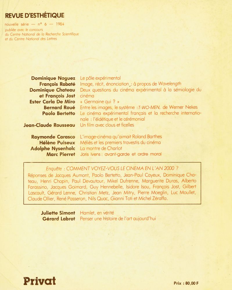 『REVUE D'ESTHÉTIQUE』 nouvelle série No. 6 1984 3