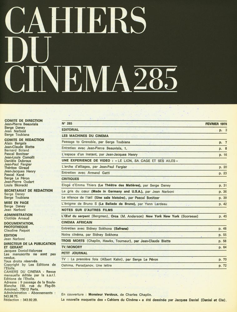 『cahiers du CINEMA』 Nº 285 FEVRIER 1978 2