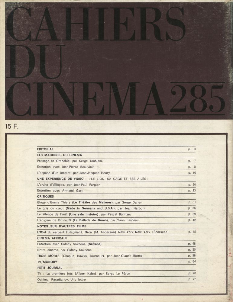 『cahiers du CINEMA』 Nº 285 FEVRIER 1978 3