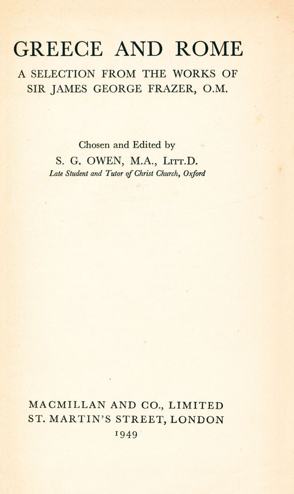 『GREECE AND ROME: A SELECTION FROM THE WORKS OF SIR JAMES GEORGE FRAZER, O.M』 1