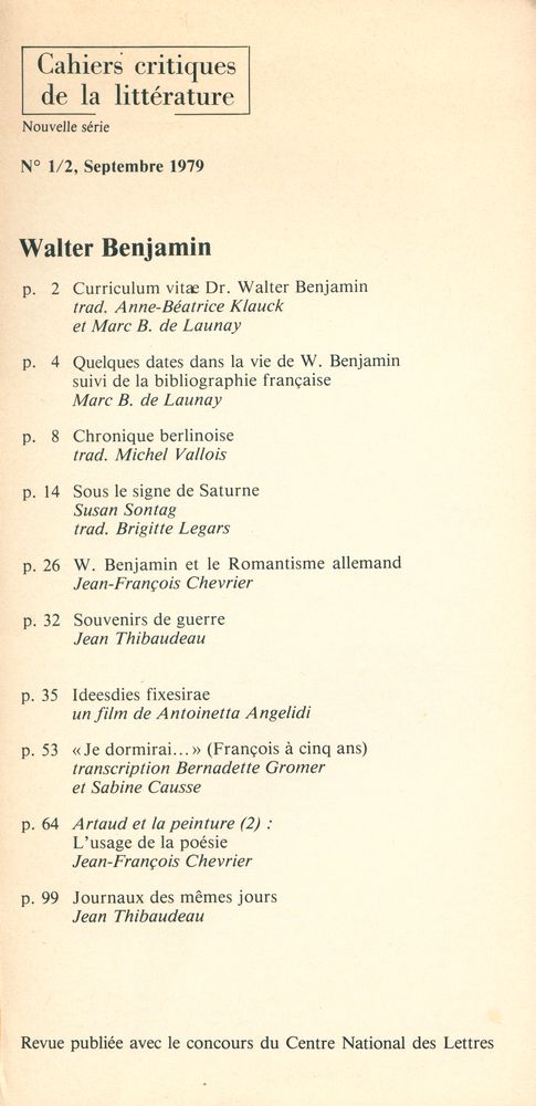 『cahiers critiques de la litterature』 N° 1/2 2