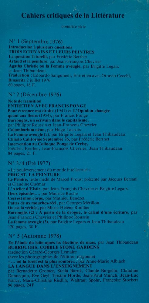 『cahiers critiques de la litterature』 N° 1/2 3