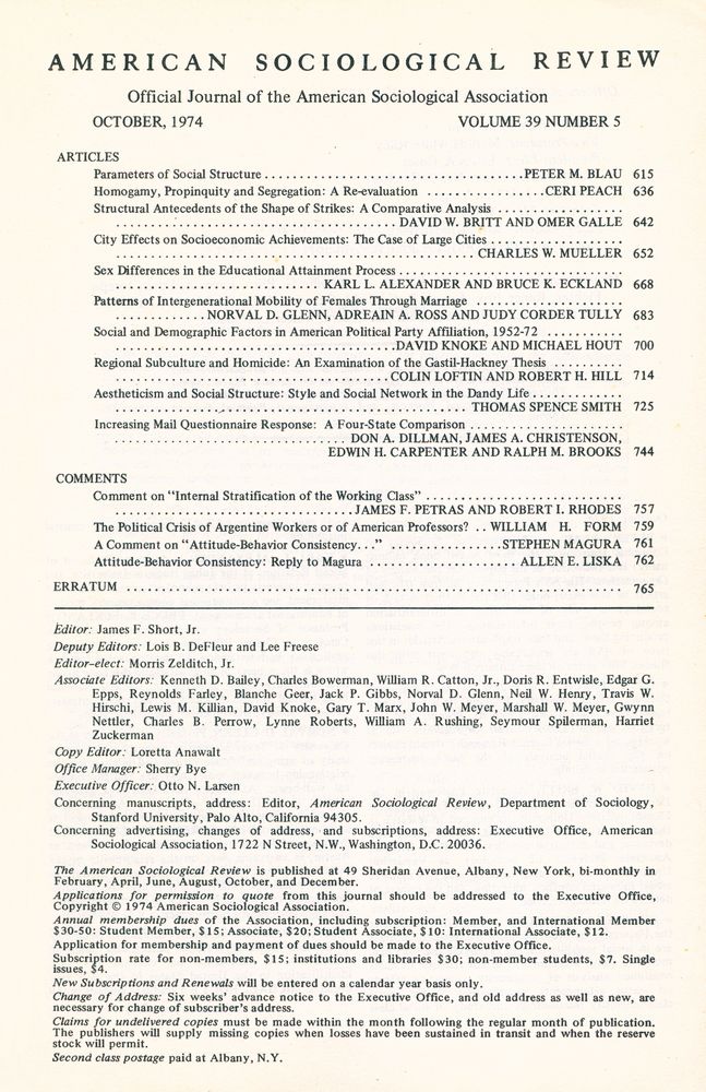 『AMERICAN SOCIOLOGICAL REVIEW』 VOLUME 39 NUMBER 5 2