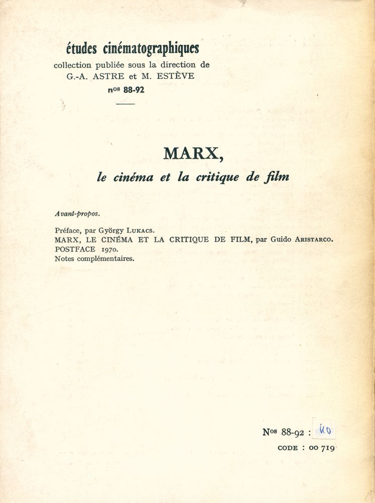 『études cinématographiques 88 - 92 - Marx, le cinéma et la critique de film』 3