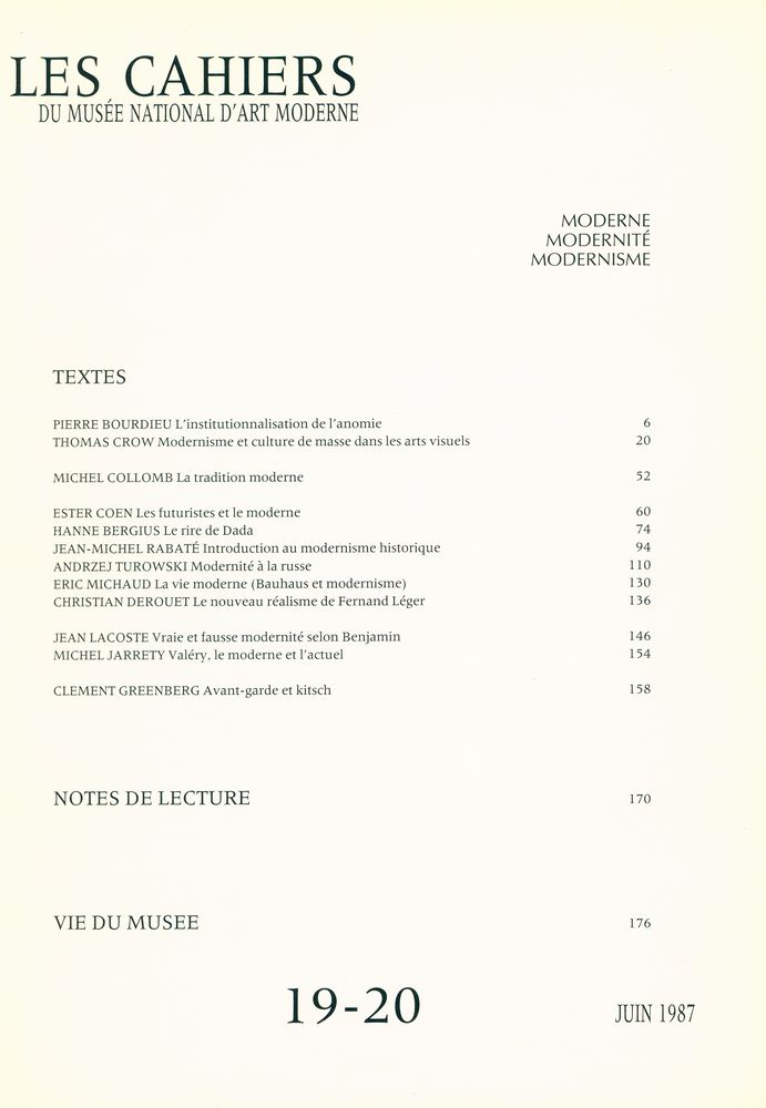 『LES CAHIERS DU MUSÉE NATIONAL D'ART MODERNE』 19 - 20 JUIN 1987 2