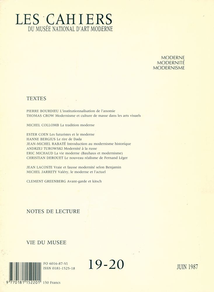 『LES CAHIERS DU MUSÉE NATIONAL D'ART MODERNE』 19 - 20 JUIN 1987 3