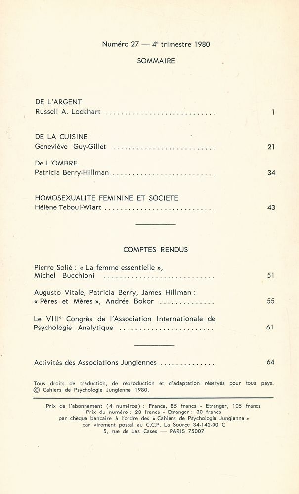 『cahiers de psychologie jungienne』 numéro 27 4e trimestre 1980 2