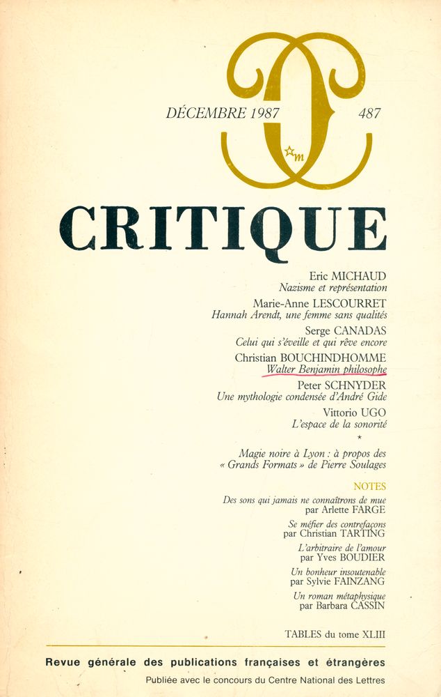 『CRITIQUE』 TOME XLIII N° 487 DÉCEMBRE 1987 1