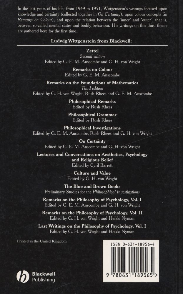 『LAST WRITINGS ON THE PHILOSOPHY OF PSYCHOLOGY VOLUME Ⅱ : The Inner and the Outer : 1949 - 1951』 4