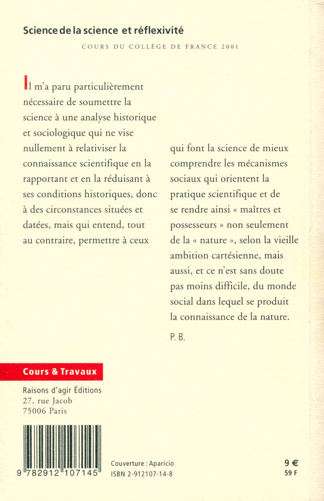 『Science de la science et réflexivité : COURS DU COLLÈGE DE FRANCE 2000 - 2001』 3