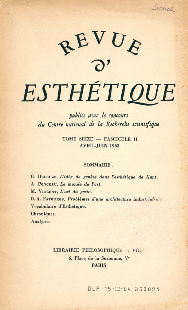 『REVUE D'ESTHÉTIQUE』 TOME SEIZE FASCICULE 2 1