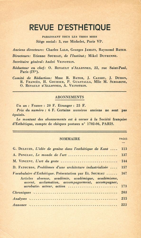 『REVUE D'ESTHÉTIQUE』 TOME SEIZE FASCICULE 2 2