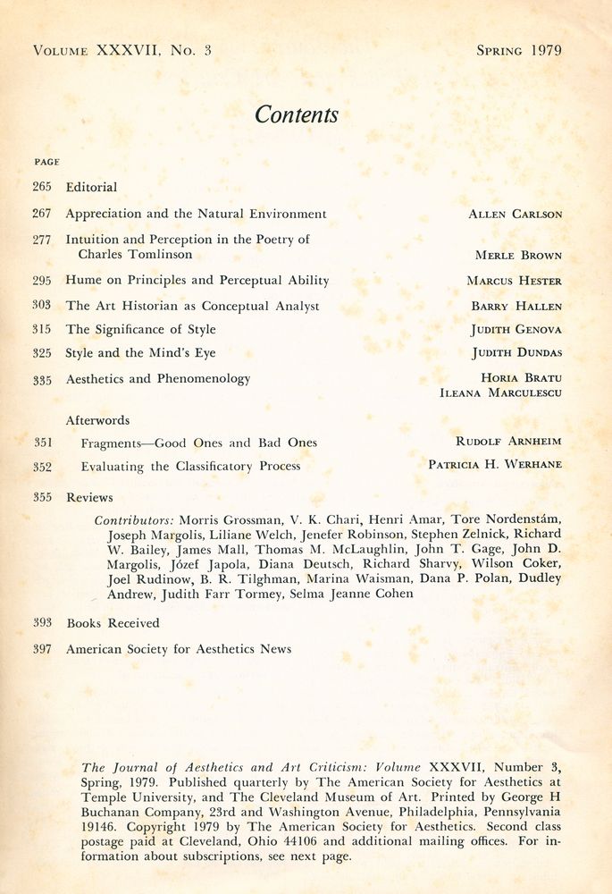 『THE JOURNAL OF AESTHETICS AND ART CRITICISM』 VOLUME  XXXVII, No. 3, Spring 1979 2