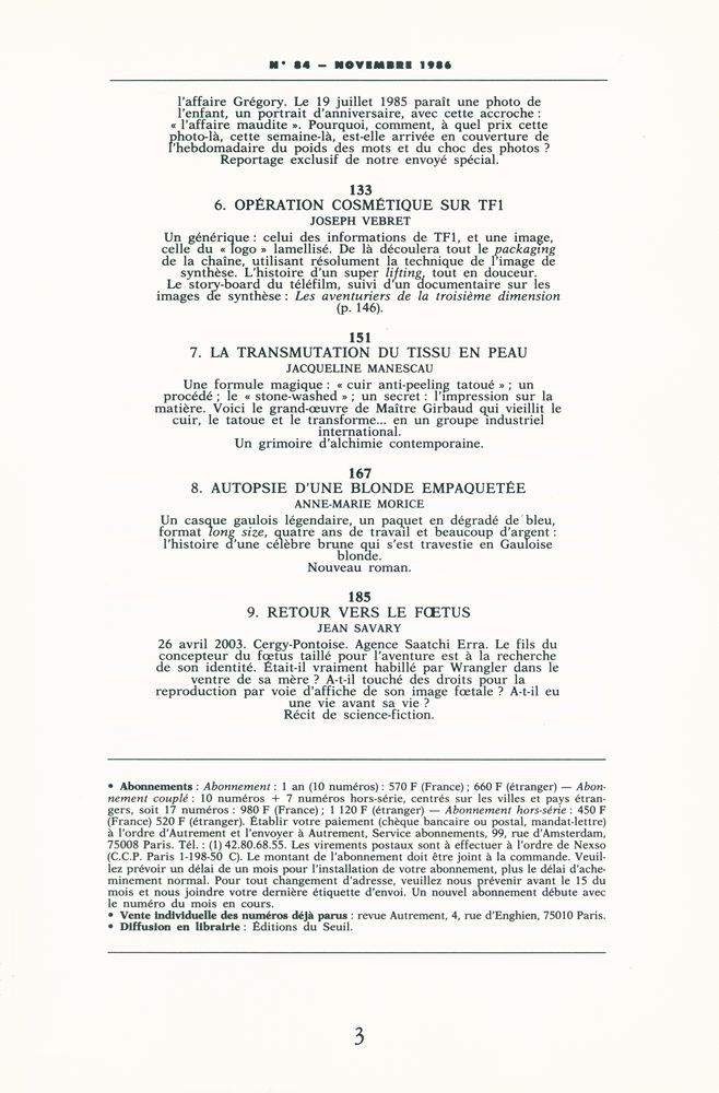 『Autrement』 N° 84 NOVEMBRE 1986 3
