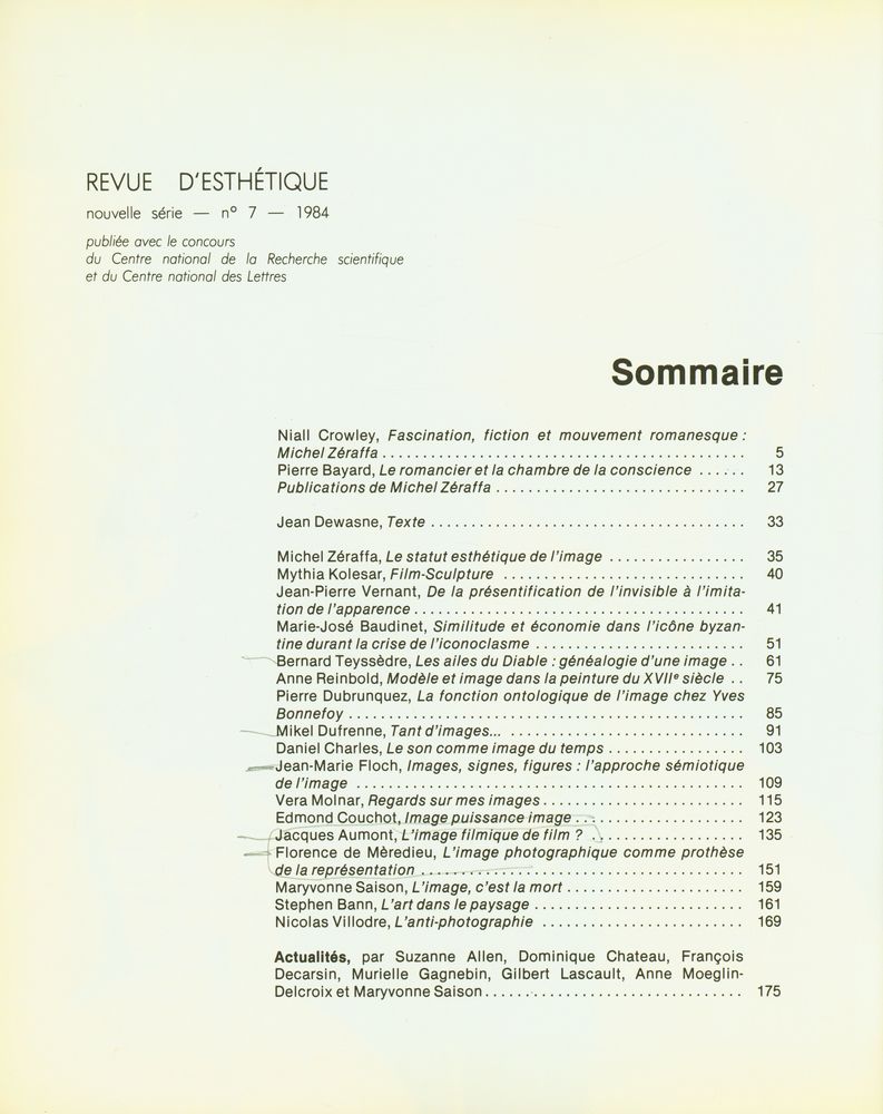 『REVUE D'ESTHÉTIQUE nouvelle série』 n°7 1984  2