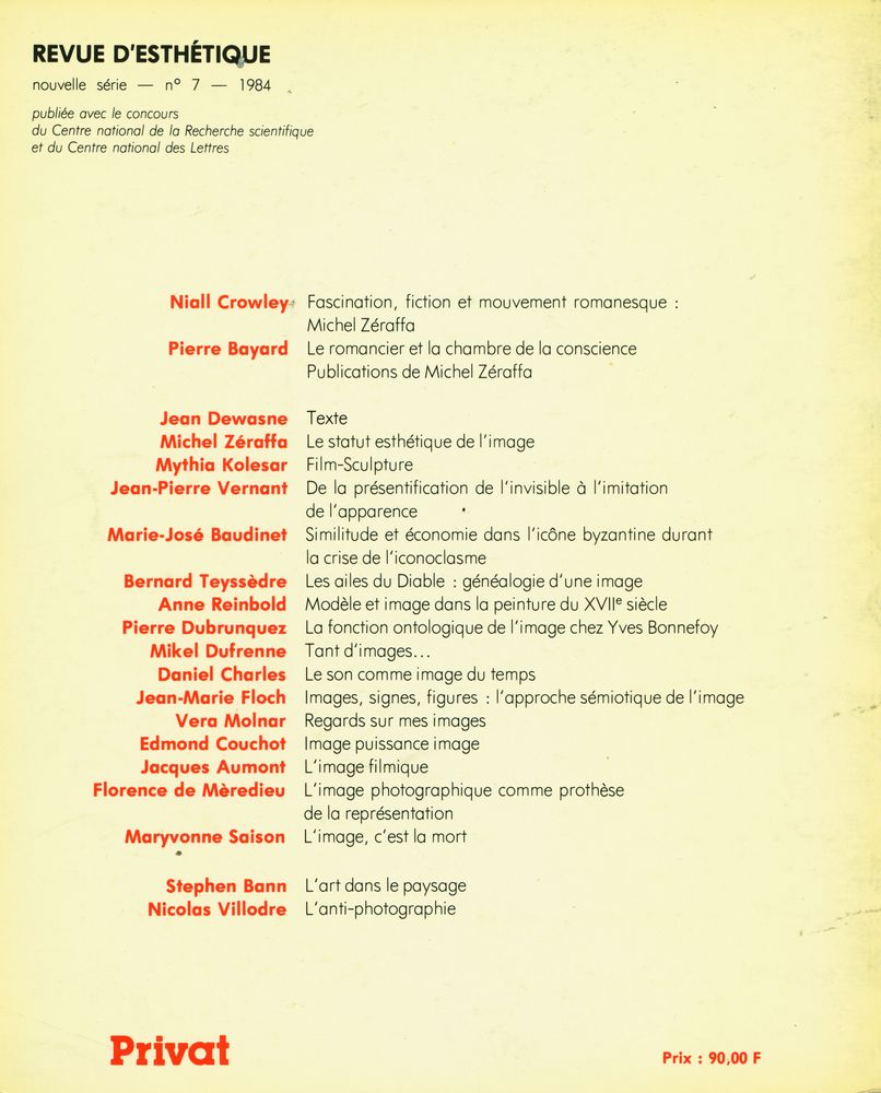 『REVUE D'ESTHÉTIQUE nouvelle série』 n°7 1984  3