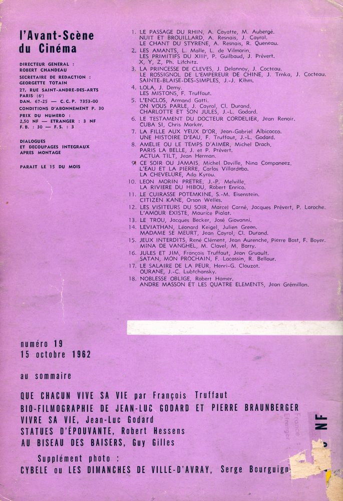 『l'Avant - Scène CINEMA』 N° 19, 15 OCTOBRE 1962 2