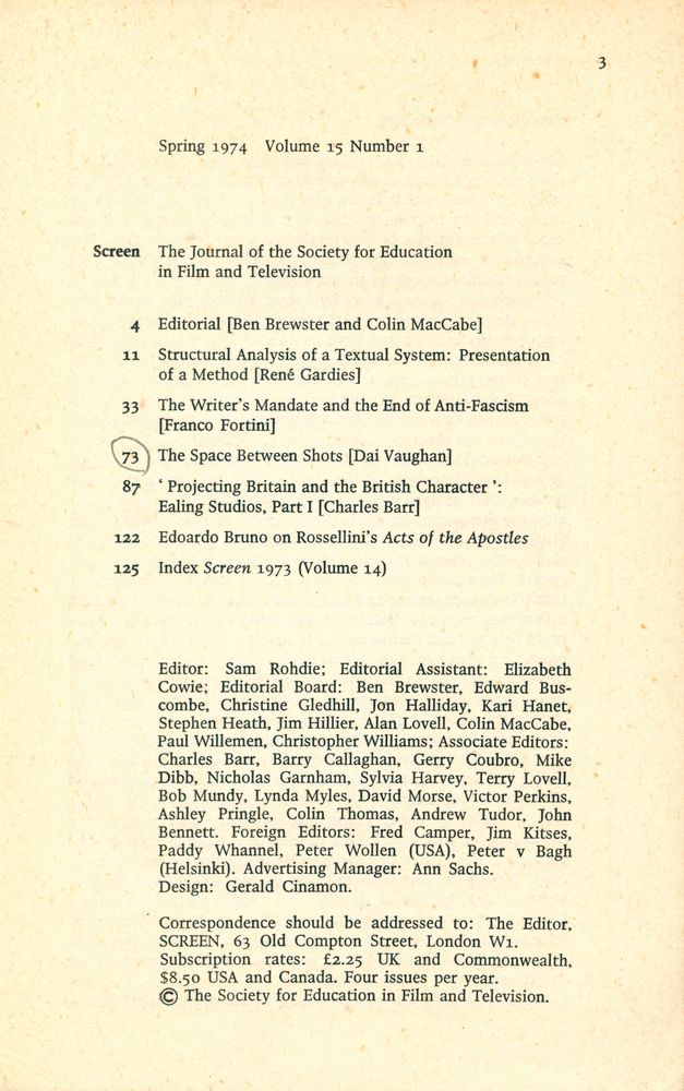 『SCREEN』 Spring 1974 Volume 15 Number 1 2