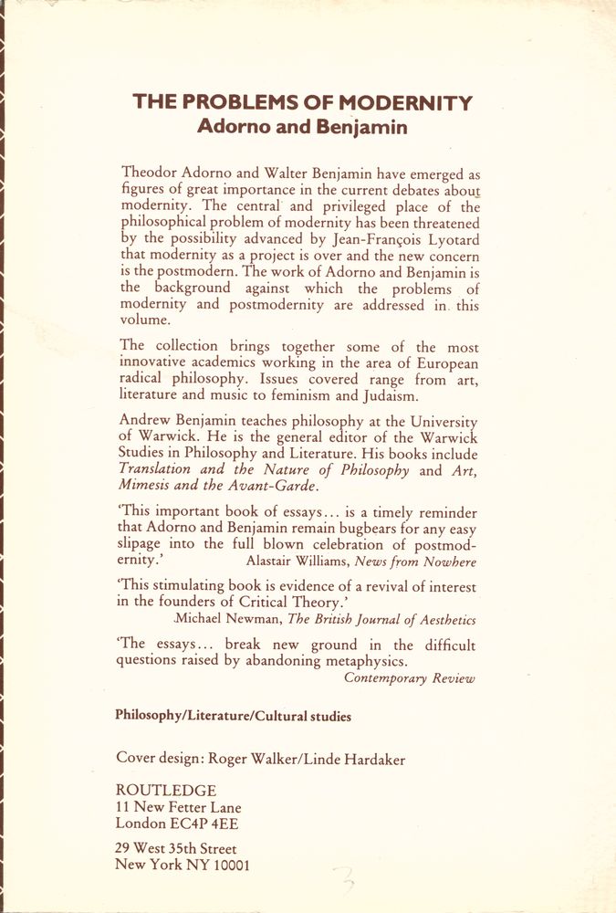 『The problems of modernity : Adorno and Benjamin』 4