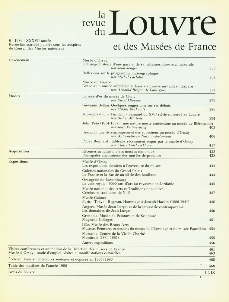 『la revue de Louvre et des Musées de France』 6, 1986, XXXVIe année 2