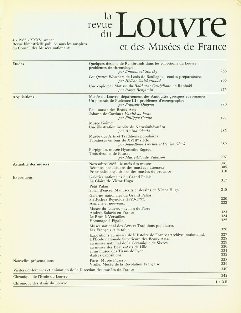 『la revue de Louvre et des Musées de France』 4, 1985, XXXVe année 2