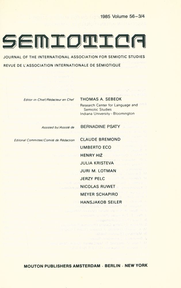 『SEMIOTICA』 1985 Volume 56 - 1/2 3