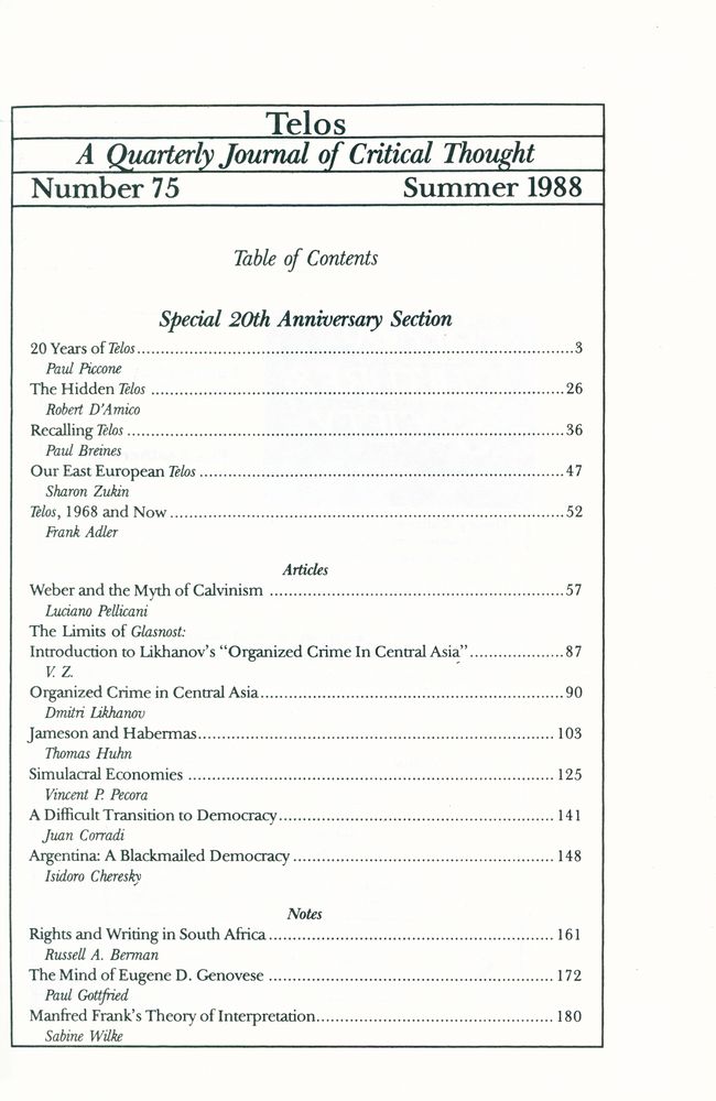 『Telos』 (No. 74.75) 1987 - 88 5