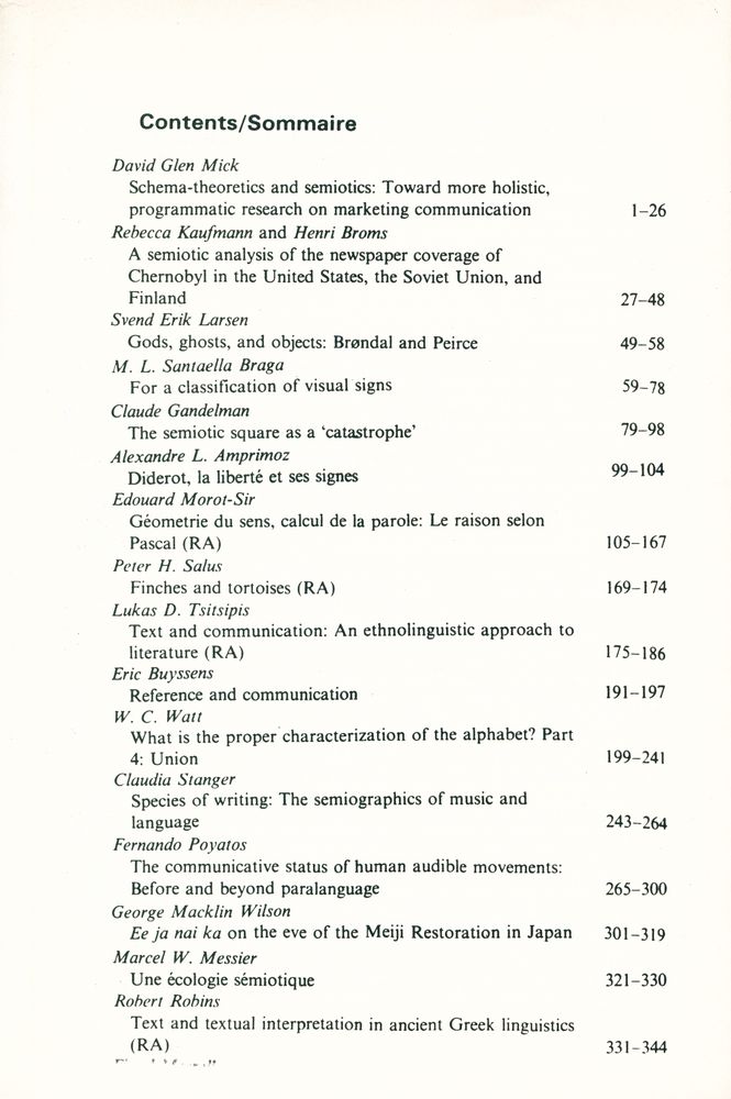 『SEMIOTICA』 1988 Volume 70 - 1/2 3