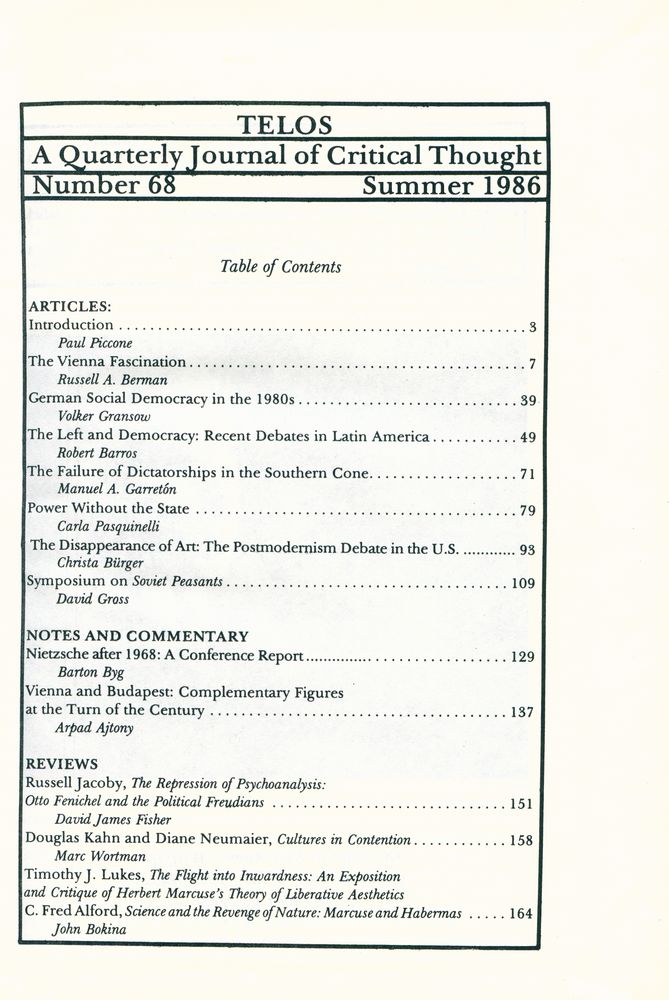 『Telos』 (No.68.69) 1986 2