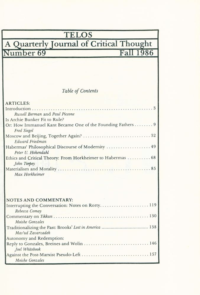 『Telos』 (No.68.69) 1986 5