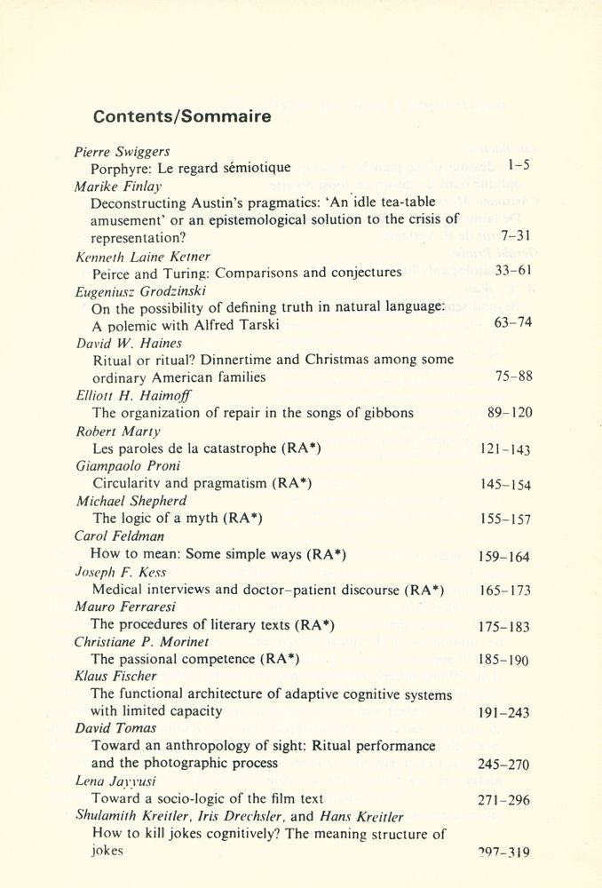 『SEMIOTICA』 1988 Volume 68 - 1/2 2