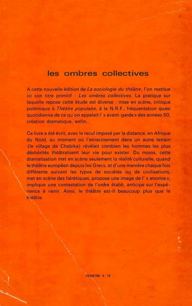 『SOCIOLOGIE D'AUJOURD'HUI - LES OMBRES COLLECTIVES : Sociologie du théâtre』 4