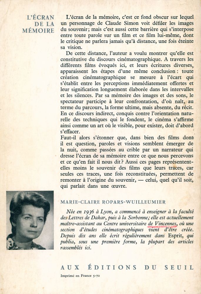 『L'ÉCRAN DE LA MÉMOIRE : ESSAI DE LECTURE CINÉMATOGRAPHIQUE』 4