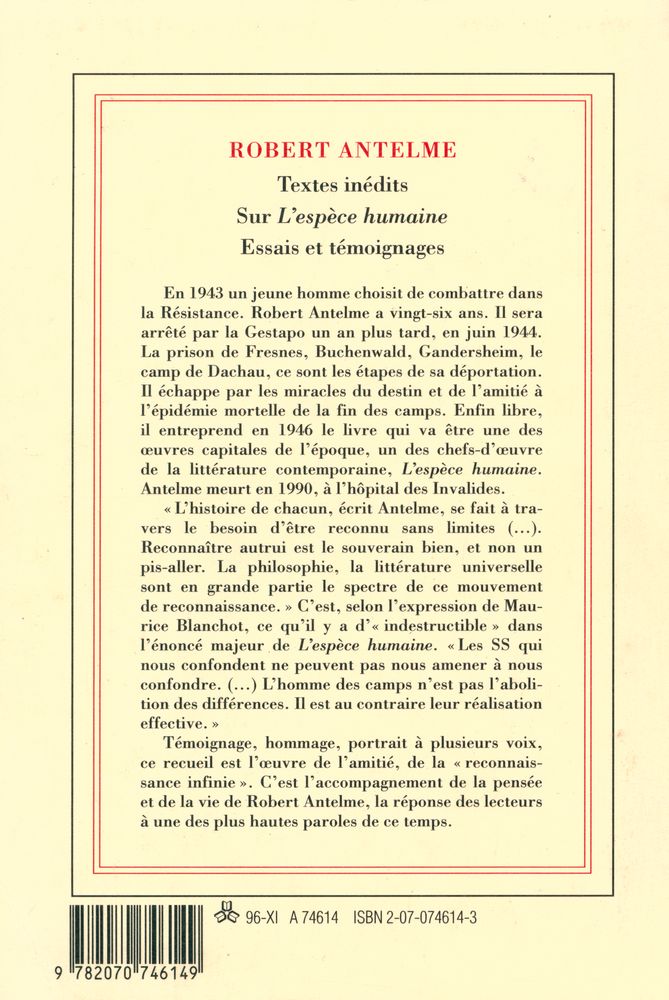 『ROBERT ANTELME : TEXTES INÉDITS SUR L'ESPÈCE HUMAINE, ESSAIS ET TÉMOIGNAGES』 4
