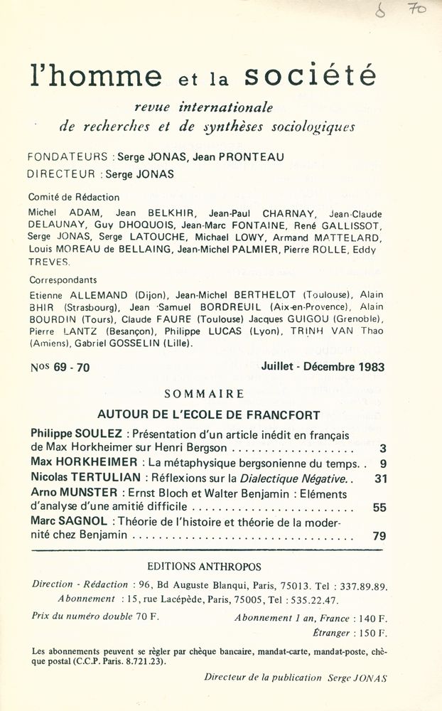 『l'homme et la société』 N° 69 - 70 Juillet - Décembre 1983 2