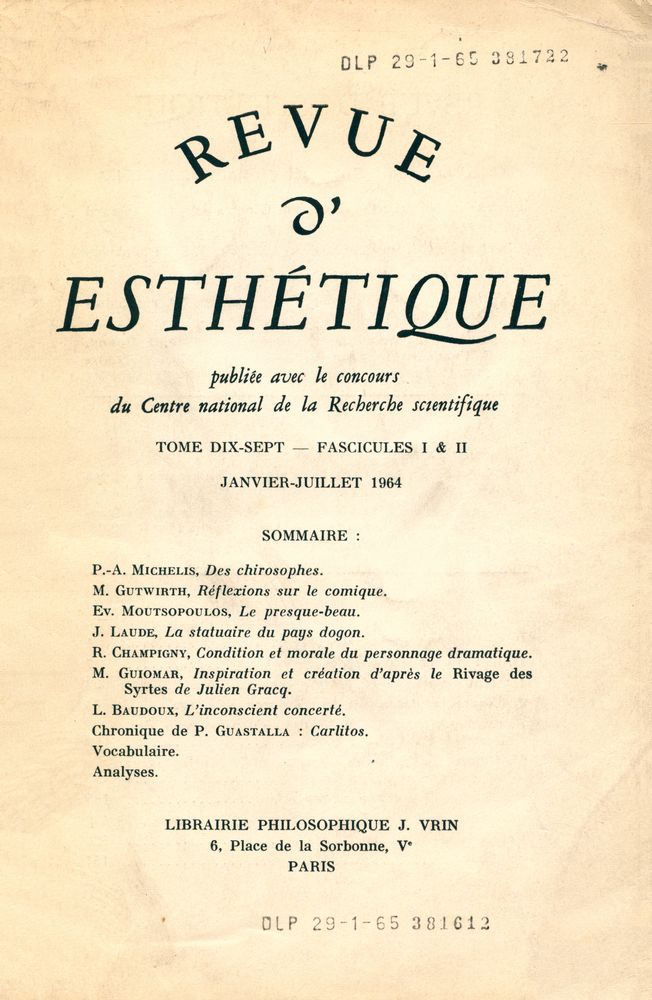『REVUE D'ESTHÉTIQUE』 TOME DIX - SEPT - FASCICULES (1) & (2),  JANVIER - JUILLET 1964 1