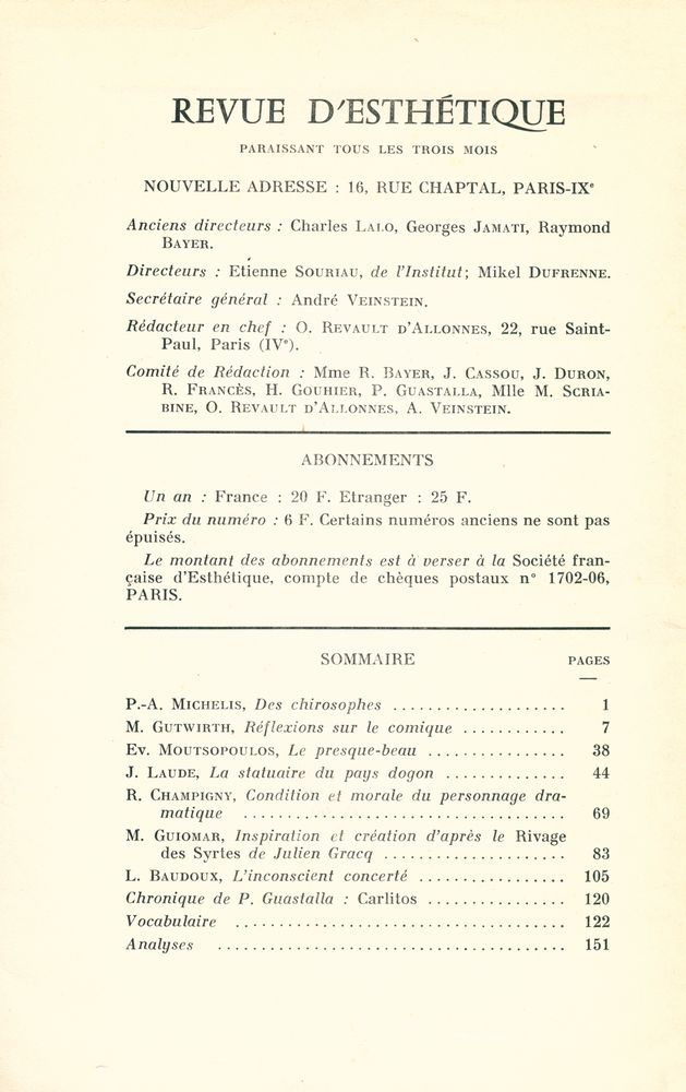 『REVUE D'ESTHÉTIQUE』 TOME DIX - SEPT - FASCICULES (1) & (2),  JANVIER - JUILLET 1964 2