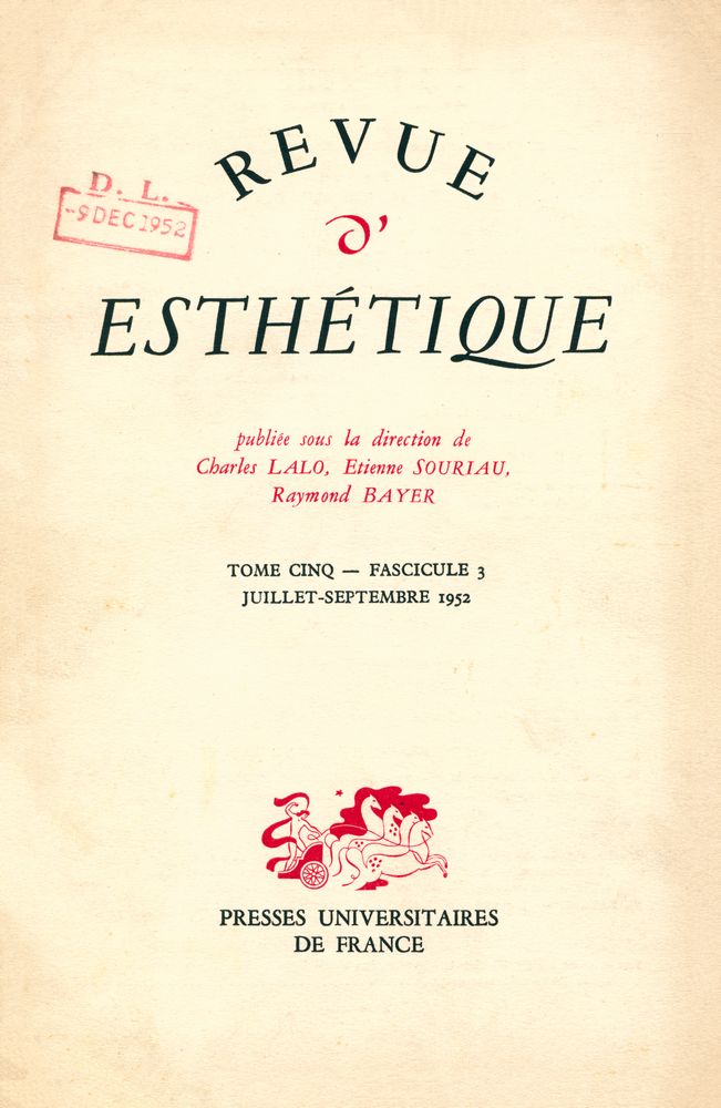 『REVUE D'ESTHÉTIQUE』 TOME CINQ - FASCICULE 3, JUILLET - SEPTEMBRE 1952 1