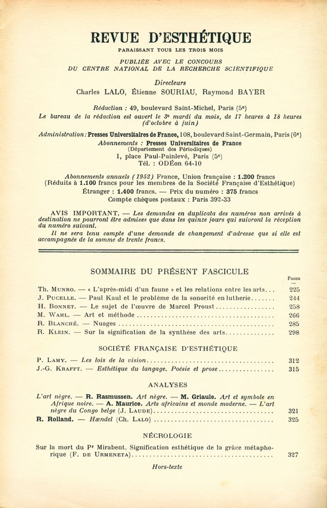 『REVUE D'ESTHÉTIQUE』 TOME CINQ - FASCICULE 3, JUILLET - SEPTEMBRE 1952 2