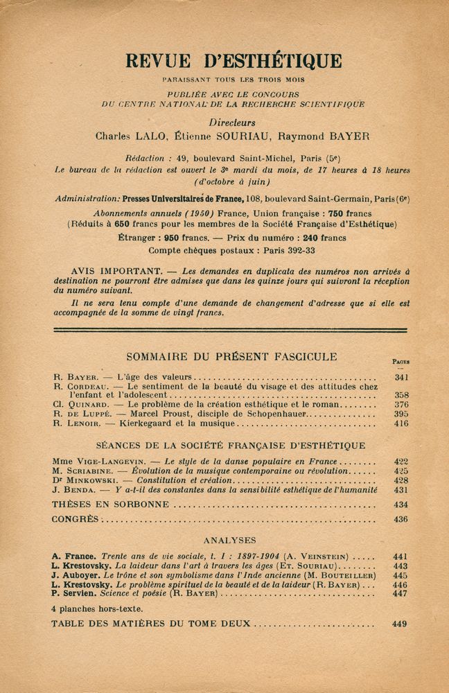 『REVUE D'ESTHÉTIQUE』 TOME DEUX - FASCICULE 4, OCTOBRE - DÉCEMBRE 1949 2