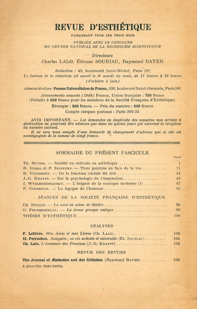 『REVUE D'ESTHÉTIQUE』 TOME DEUX - FASCICULE 1, JANVIER - MARS 1949 2