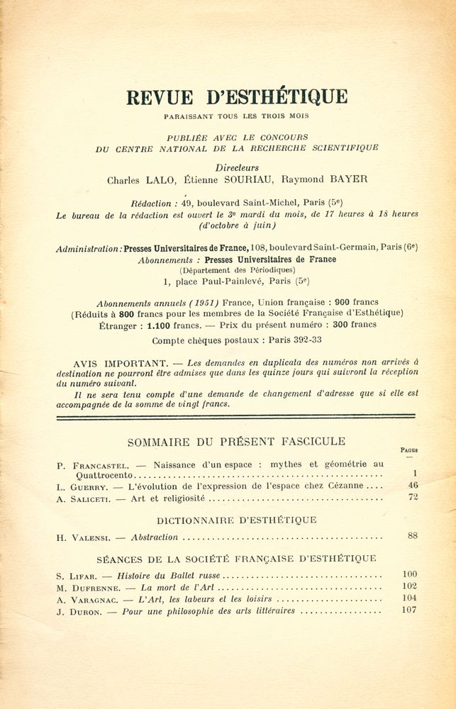 『REVUE D'ESTHÉTIQUE』 TOME QUATRE - FASCICULE 1, JANVIER - MARS 1951 2