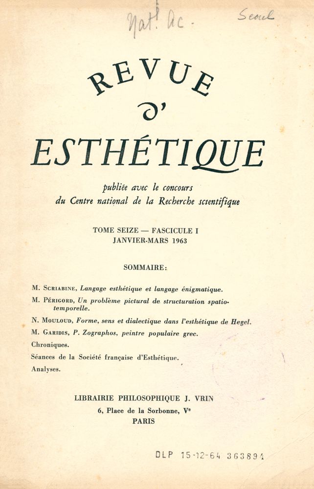 『REVUE D'ESTHÉTIQUE』 TOME SEIZE - FASCICULE 1, JANVIER - MARS 1963 1