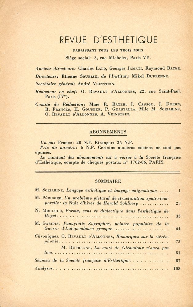 『REVUE D'ESTHÉTIQUE』 TOME SEIZE - FASCICULE 1, JANVIER - MARS 1963 2