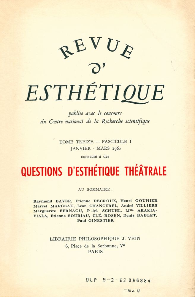 『REVUE D'ESTHÉTIQUE』 TOME TREIZE - FASCICULE 1, JANVIER - MARS 1960 1