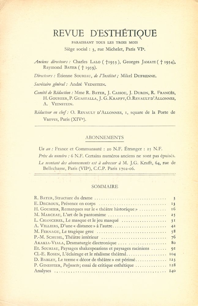 『REVUE D'ESTHÉTIQUE』 TOME TREIZE - FASCICULE 1, JANVIER - MARS 1960 2