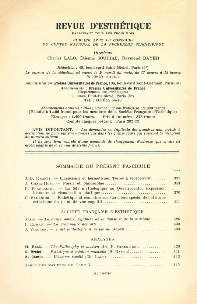 『REVUE D'ESTHÉTIQUE』 TOME CINQ - FASCICULE 4, OCTOBRE - DÉCEMBRE 1952 2