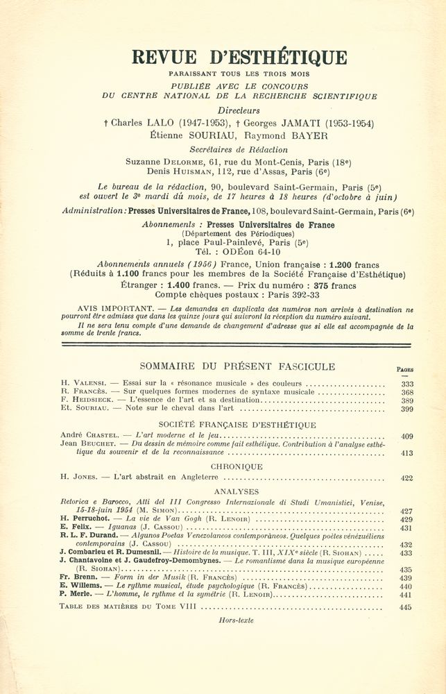 『REVUE D'ESTHÉTIQUE』 TOME HUIT - FASCICULE 4, OCTOBRE - DÉCEMBRE 1955 2