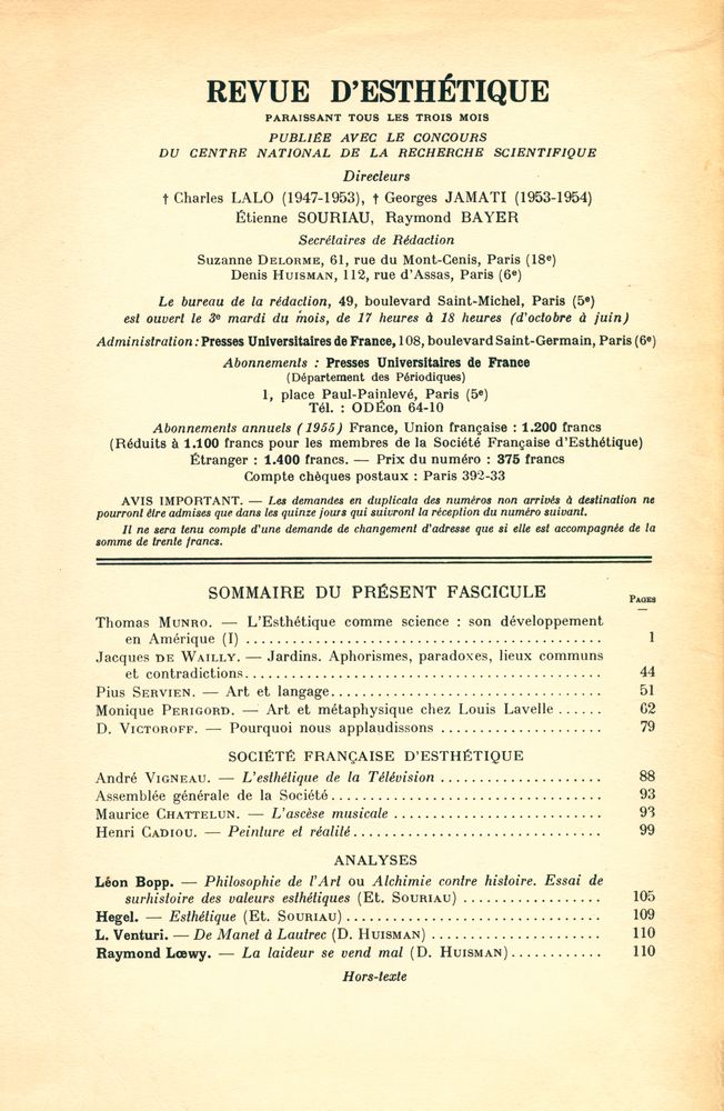 『REVUE D'ESTHÉTIQUE』 TOME HUIT - FASCICULE 1, JANVIER - MARS 1955 2