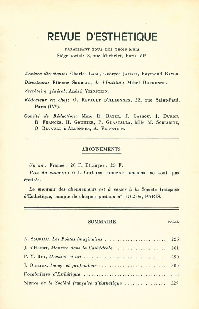 『REVUE D'ESTHÉTIQUE』 TOME SEIZE - FASCICULE 3, JUILLET - SEPTEMBRE 1963 2